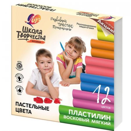 Пластилин восковой Луч Школа творчества 12 цветов 180 г со стеком