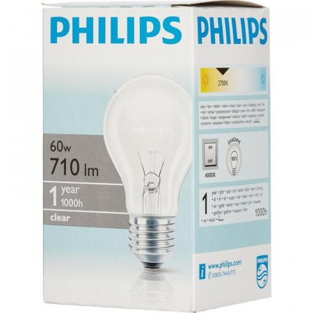 Лампа накаливания Philips 60 Вт E27 грушевидная прозрачная 2700 К теплый белый свет