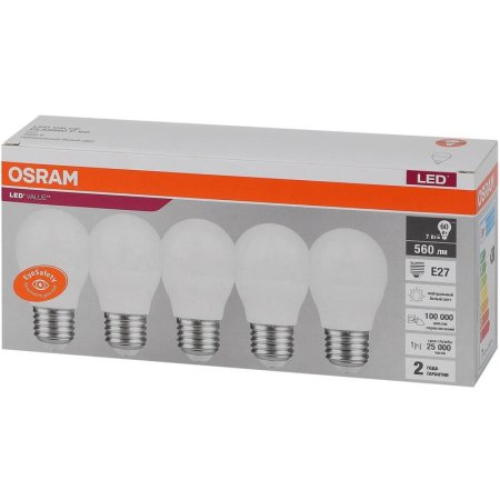 Лампа светодиодная Osram 7 Вт Е27 (Р, 4000 К, 560 Лм, 220 В, 5 штук в  упаковке, 4058075578227)