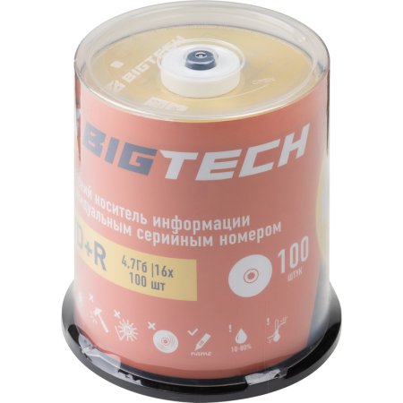 Диск DVD+R BigTech 4.7 ГБ 16x cake box YDVDRB007 (100 штук в упаковке)