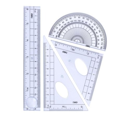 Набор чертежный Deli E9597 пластиковый прозрачный (линейка 15 см,  угольники 10 и 7 см, транспортир 8 см)