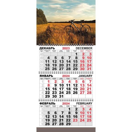 Календарь настенный 3-х блочный 2024 год Трио Премиум Велосипед в поле  (34x80.5 см)