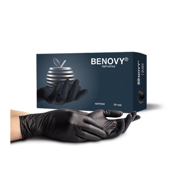 Перчатки медицинские смотровые нитриловые Benovy нестерильные  неопудренные черные размер XL (100 штук в упаковке)