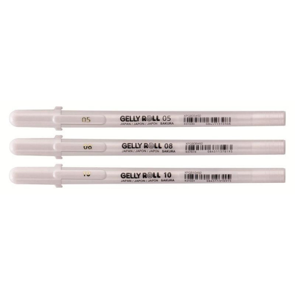 Набор гелевых ручек Gelly Roll белый в ассортименте  (толщина линии 0.3, 0.4, 0.5 мм, 3 штуки в упаковке)