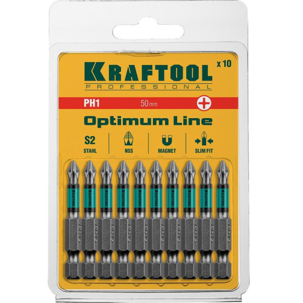 Бита магнитная Kraftool Optimum Line PH1 x 50 мм (10 штук в упаковке,  26122-1-50-10)