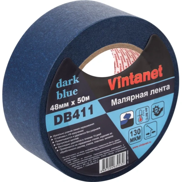 Клейкая лента малярная Vintanet DB411 48 мм x 50 м УФ-стойкая синяя Клейкая лента малярная Vintanet DB411 48 мм x 50 м УФ-стойкая синяя