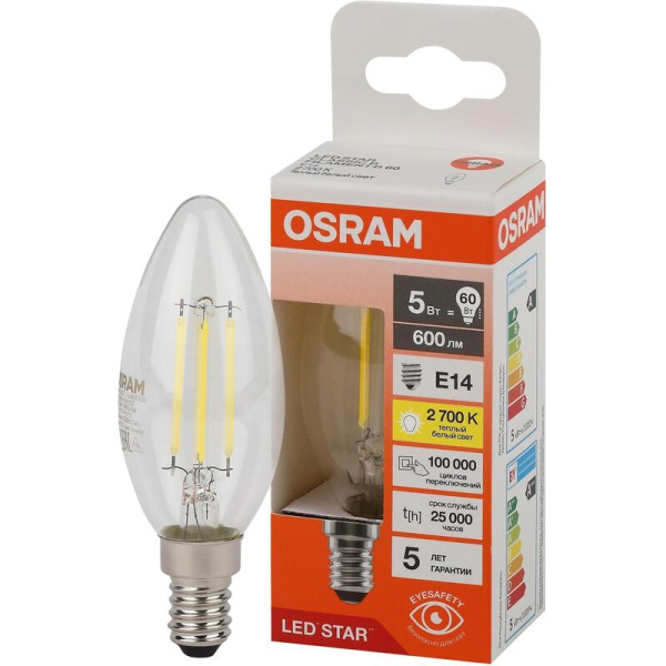 Лампа светодиодная Osram 5 Вт Е14 (B, 2700 К, 600 Лм, 220 В,  4058075684577)