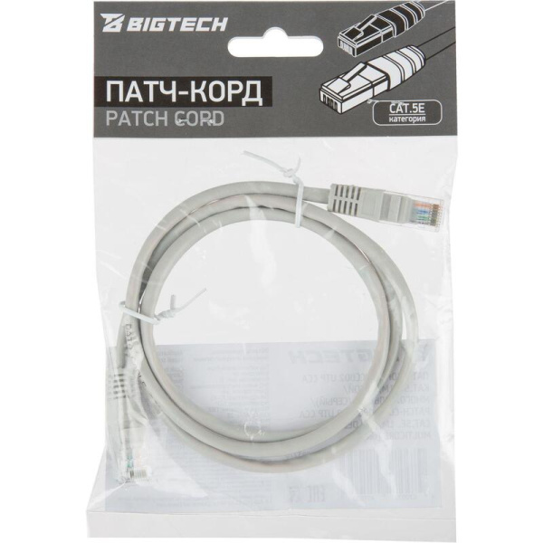 Патч-корд витая пара BigTech OPCC002 UTP CCA cat 5e 1 м