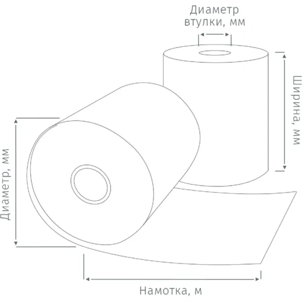 Чековая лента из термобумаги 57 мм намотка 40 м диаметр 53 мм втулка 12  мм (8 штук в упаковке)