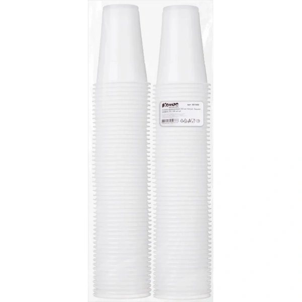 Стакан одноразовый Бюджет пластиковый белый (200 мл, 100 штук в упаковке)