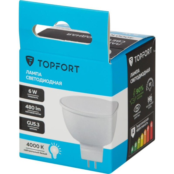 Лампа светодиодная TOPFORT 12 Вт GU5.3 (MR, 4000 K, 480 Лм, 12 В)