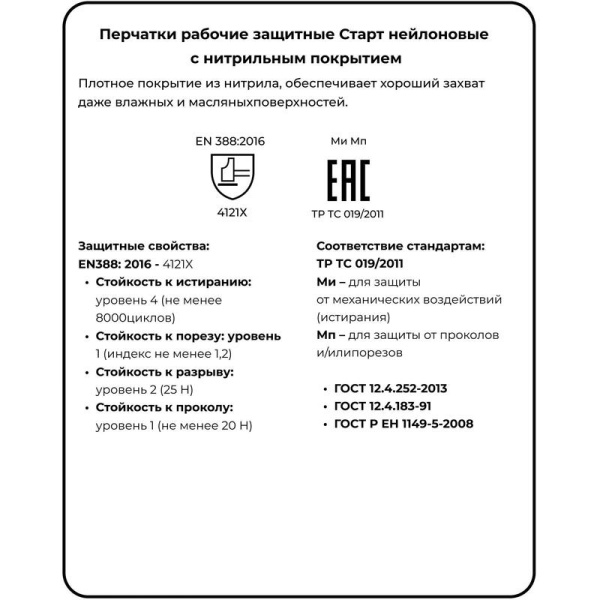 Перчатки рабочие защитные Scaffa Старт нейлоновые с нитрильным покрытием  серые/черные (13 класс, размер 10 (XL))
