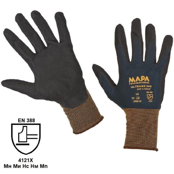 Перчатки защитные Mapa Professionnel Ultrane 500 трикотажные с  нитрильным покрытием черные (2 нити, 13 класс, размер 9, L)