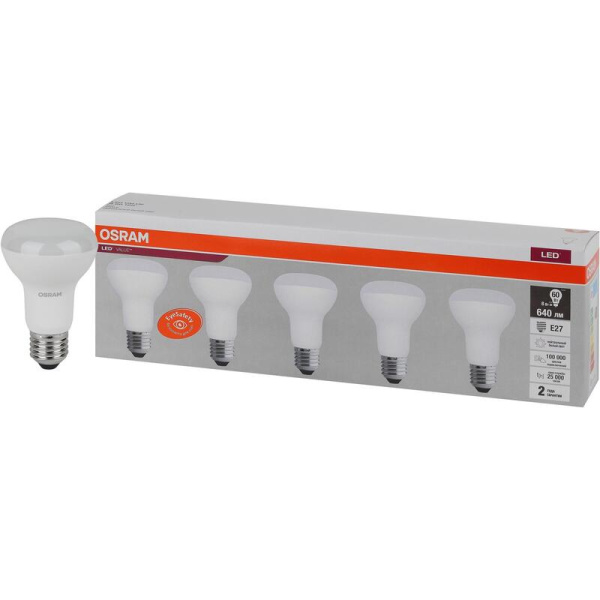 Лампа светодиодная Osram 8 Вт Е27 (R, 4000 К, 640 Лм, 220 В, 5 штук в  упаковке, 4058075584068)