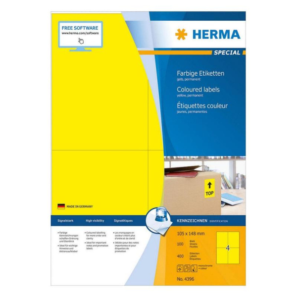 Этикетки самоклеящиеся Herma желтые 105х148 мм (4 штуки на листе А4, 100  листов в упаковке)