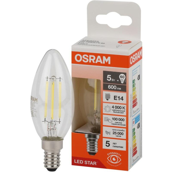 Лампа светодиодная Osram 5 Вт Е14 (B, 4000 К, 600 Лм, 220 В,  4058075684782)
