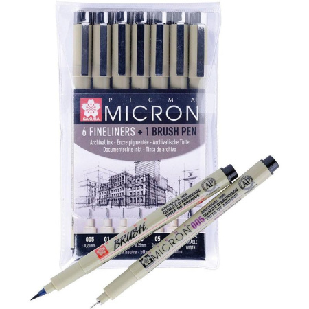 Набор капиллярных ручек Sakura Pigma Micron черные (толщина линии 0.2, 0.25, 0.3, 0.35, 0.45, 0.5 мм)