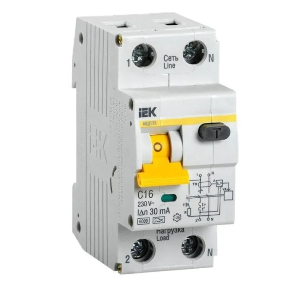 Выключатель автоматический дифференциальный IEK АВДТ-32 2п 16А C 30мА A  (MAD22-5-016-C-30)