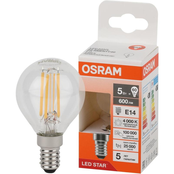 Лампа светодиодная Osram 5 Вт Е14 (Р, 4000 К, 600 Лм, 220 В,  4058075684447)