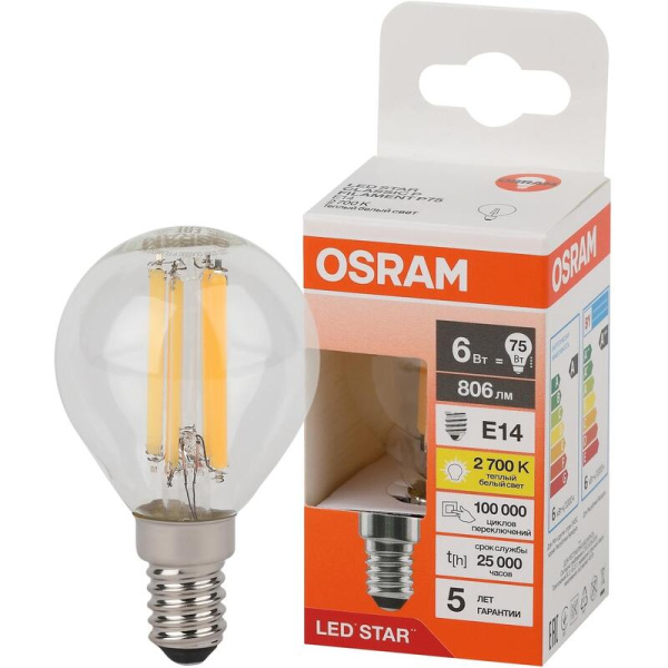 Лампа светодиодная Osram 6 Вт Е14 (Р, 2700 К, 806 Лм, 220 В,  4058075684515)