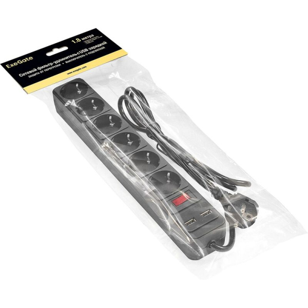 Сетевой фильтр ExeGate SP-6-USB-1.8B на 6 розеток + 2 USB 1.8 метра   (EX295492RUS)