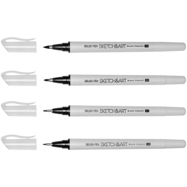 Ручка-кисть Sketch&Art черная (4 штуки в упаковке, толщина линии  0.6, 0.7, 0.8, 1 мм)