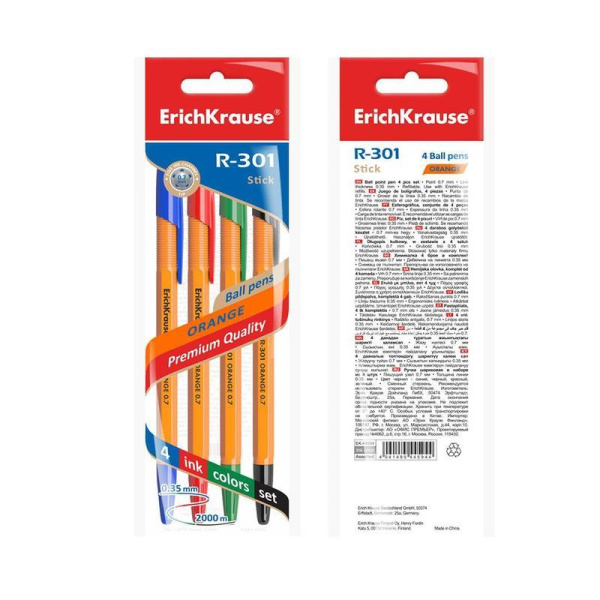 Набор шариковых ручек ErichKrause R-301 Orange Stick 4 цвета (толщина  линии 0.35 мм)