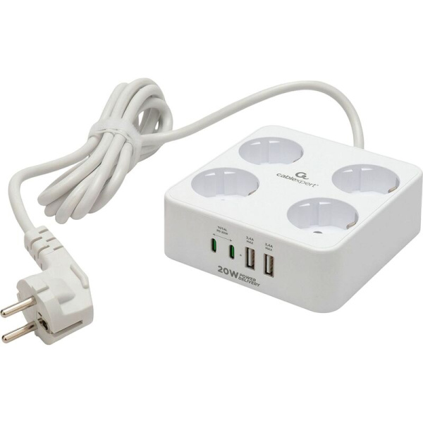 Сетевой фильтр Cablexpert Plate на 4 розетки 2 метра + 2 USB  (PLT-4-C2U2-W-2)