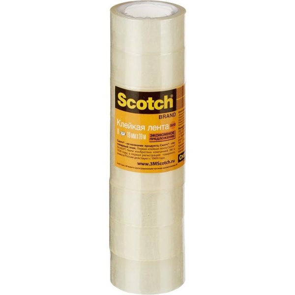 Клейкая лента канцелярская Scotch прозрачная 19 мм х 10 м (8 штук в упаковке)