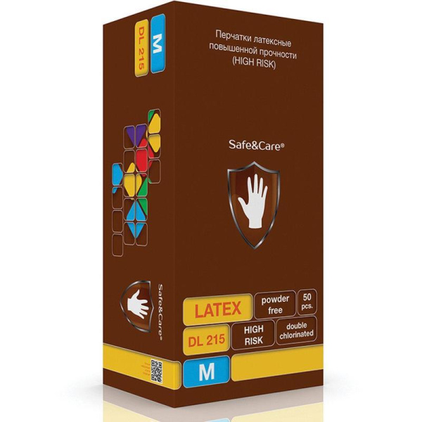 Перчатки медицинские смотровые латексные Safe and Care High Risk DL 215  нестерильные неопудренные синие размер M (50 штук в упаковке)