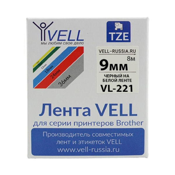 Картридж Vell VL-221 для принтера этикеток Brother (9 мм x 8 м, цвет  ленты белый, шрифт черный)