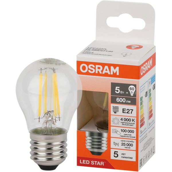 Лампа светодиодная Osram 5 Вт Е27 (Р, 4000 К, 600 Лм, 220 В,  4058075684690)