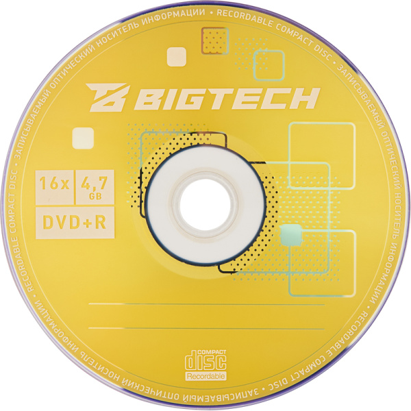 Диск DVD+R BigTech 4.7 ГБ 16x cake box YDVDRB008 (50 штук в упаковке)