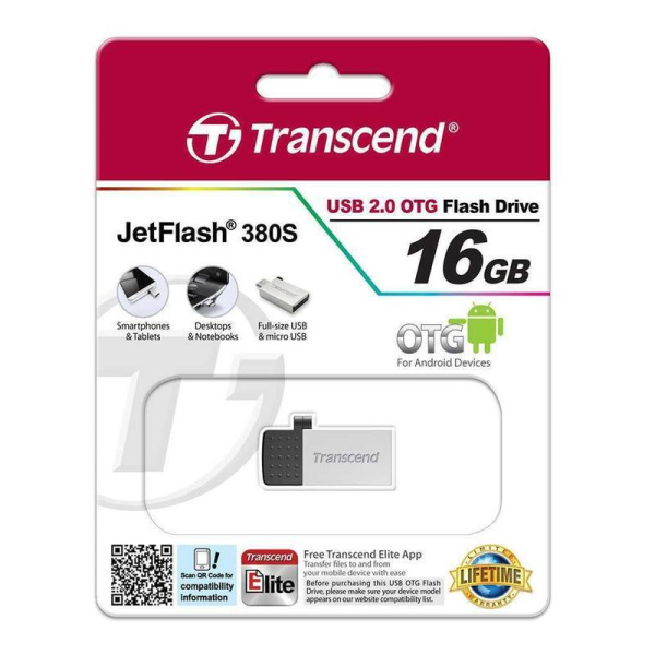 Флеш-память USB 2.0 microUSB 16 Гб Transcend JetFlash 380  (TS16GJF380S)