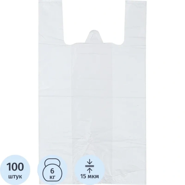 Пакет-майка ПНД 15 мкм белый (30+18х55 см, 100 штук в упаковке)