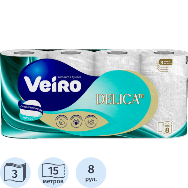 Бумага туалетная Veiro Delicate 3-слойная белая (8 рулонов в упаковке)