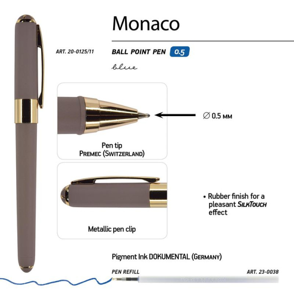 Ручка шариковая неавтоматическая Bruno Visconti Monaco синяя (серый  корпус, толщина линии 0.4 мм)