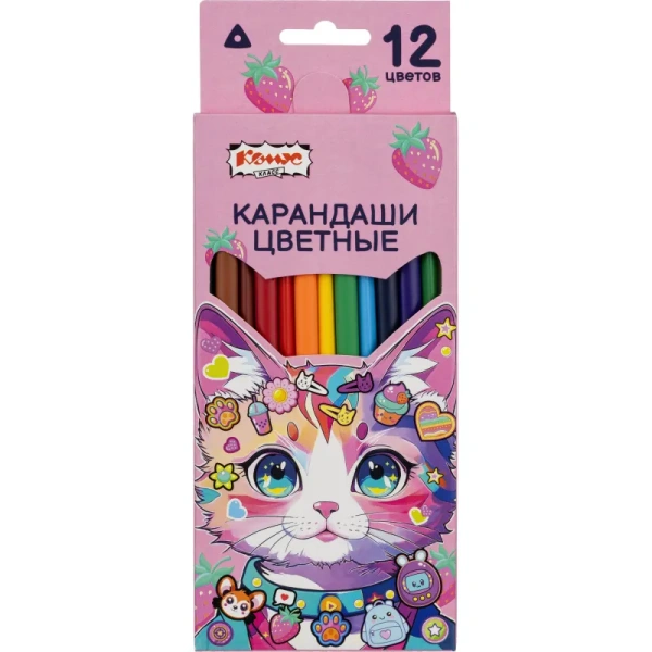 Карандаши цветные Комус Класс Kitty stickers 12 карандашей 12 цветов  трёхгранные