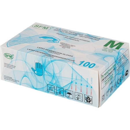 Перчатки медицинские смотровые латексные SFM нестерильные опудренные размер M (100 штук в упаковке)