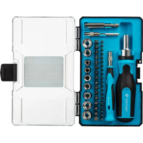 Отвёртка  реверсивная TOPFORT с набором бит и торцевыми головками (49  предметов, 580149)