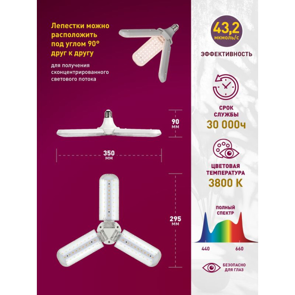 Фитолампа Эра FITO-24W-Ra90-E27-FOLD полного спектра 24 Вт E27