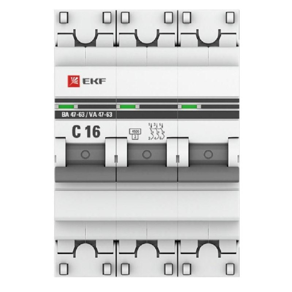 Выключатель автоматический EKF 3П 16А С 4500А (mcb4763-3-16C-pro)