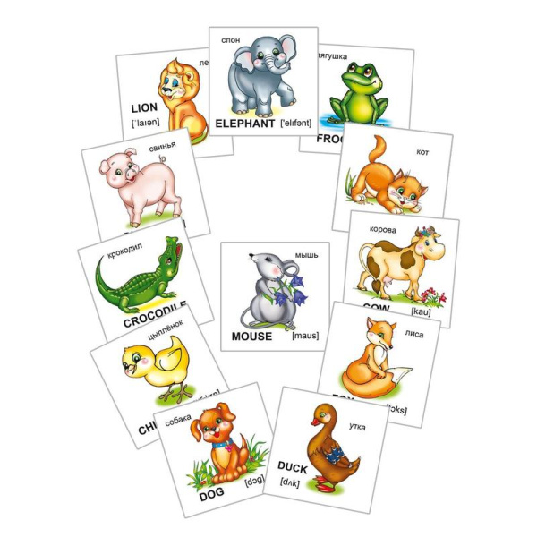 Карточки развивающие Английский язык Animals животные (12 карточек)