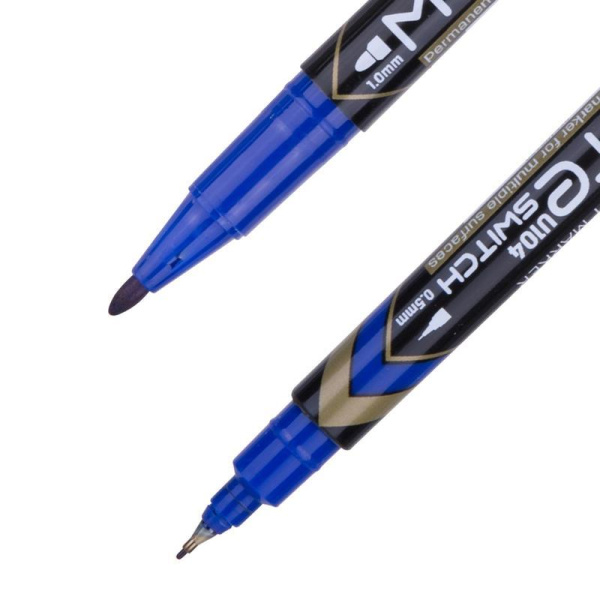 Маркер перманентный двусторонний Deli Mate синий (толщина линии 0.5 мм,  1 мм) круглый наконечник