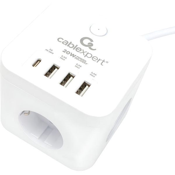 Сетевой фильтр Cablexpert Cube на 3 розетки 1.5 метра + 3 USB  (CUBE-3-CU3-W-1.5)