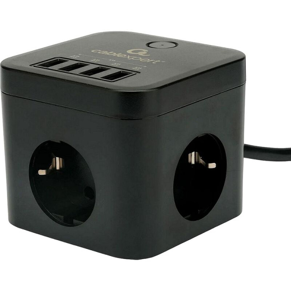 Сетевой фильтр Cablexpert Cube на 3 розетки 1.5 метра + 4 USB  (CUBE-3-U4-B-1.5)