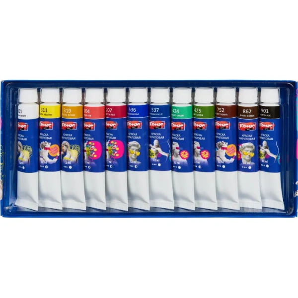 Краски акриловые профессиональные Комус Арт набор 12 цветов по 12 мл в  тубах