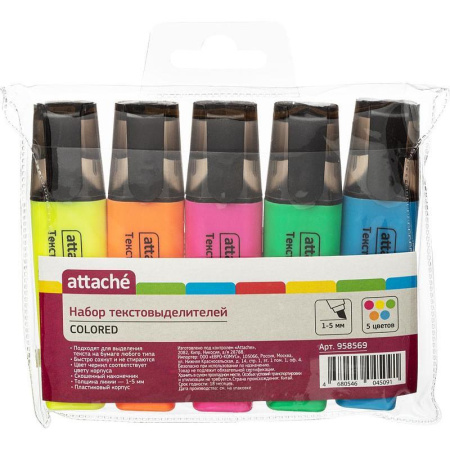 Маркер выделитель текста Attache Colored 1-5мм набор 5цв.