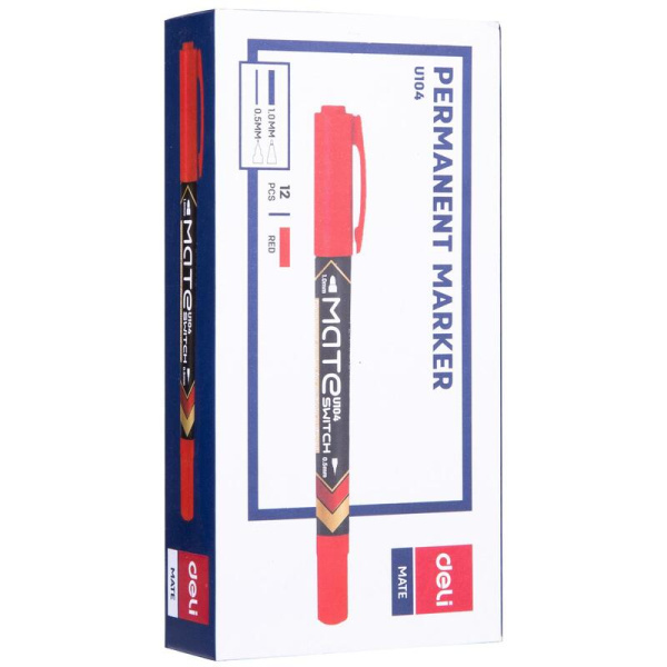 Маркер перманентный двухсторонний Deli EU10440 Mate красный (толщина линии 0.5-1 мм) круглый/скошенный наконечник