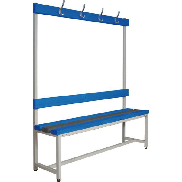 Скамья  СКП-1В-1500 со спинкой и вешалкой синий/серый  (пластик, металл  1500х390х1670 мм)